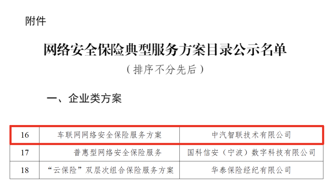 中汽智联车联网网络安全保险服务方案成功入选工信部网络安全保险典型服务方案目录